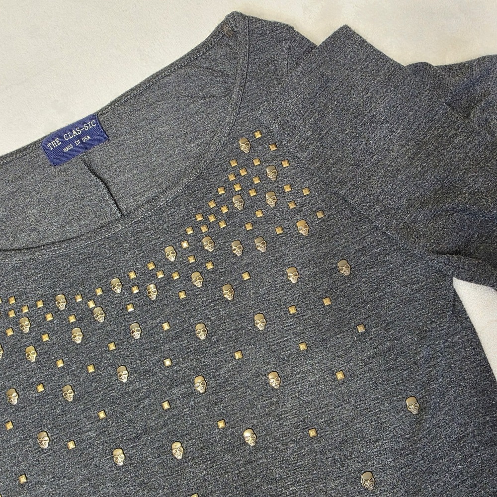 The Clas-sic Shirt Womens Medium Grey‎ Studded Skull Embellished Long Sleeve USA